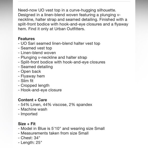 NEW Urban Outfitters Sari Seamed Linen-Blend Halter Vest Top Ashleigh Blue Small - Picture 4 of 5